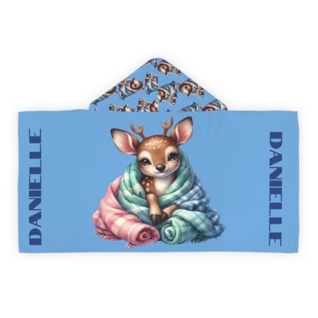 Kid's Hooded Bath Towel | Kid's Hooded Beach Towel Poncho | Cute Deer, Animal Kid's Hooded Towel Robe | Personalized (Blue)