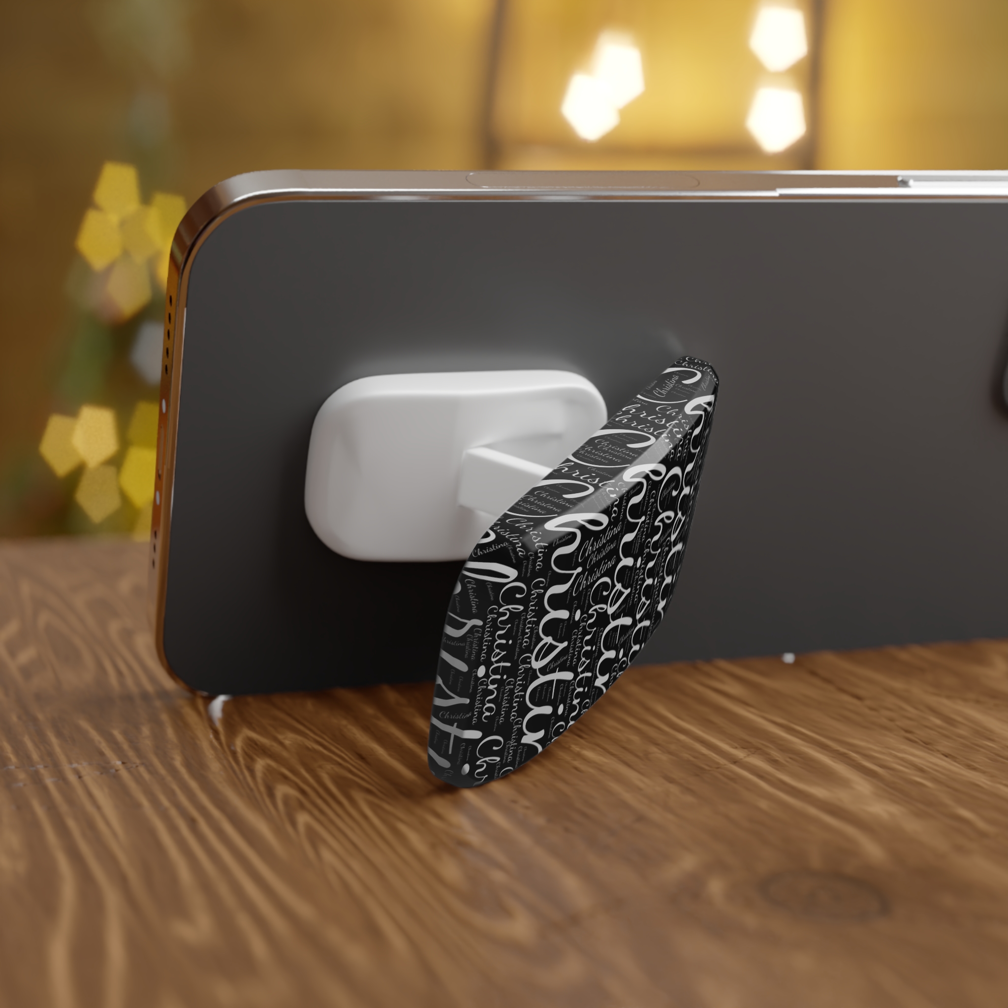 Personalized Script Name, Black and White : Black Pop Grip Phone Stand - Image 3