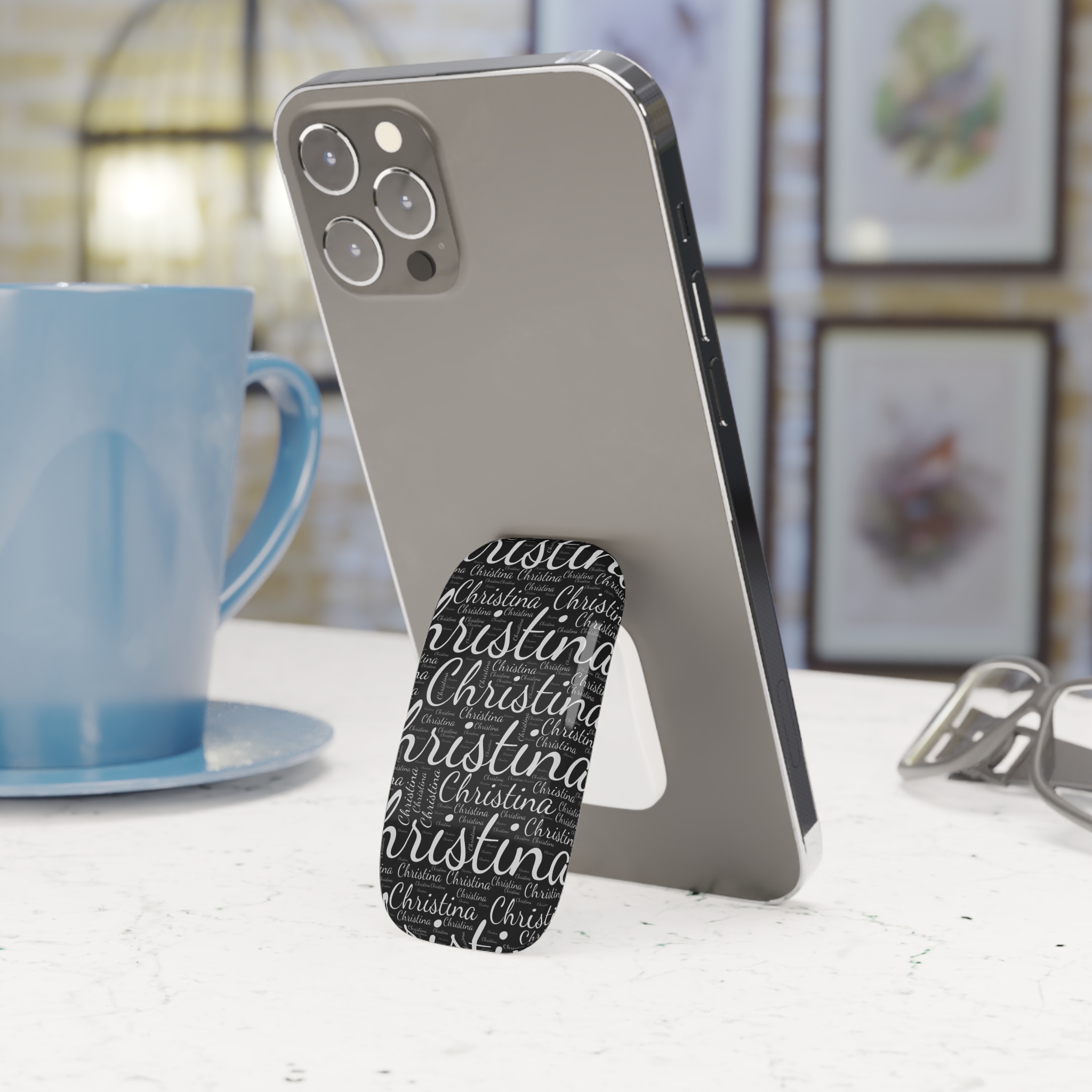 Personalized Script Name, Black and White : Black Pop Grip Phone Stand - Image 2